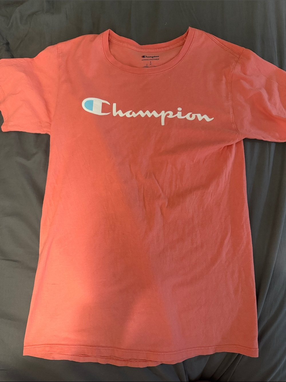 Men’s Champion Coral Short Sleeve Tee with White Logo